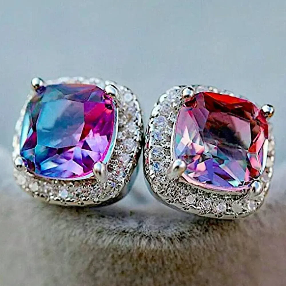 Mystic Fire Topaz Stud Earrings, Square, Princess Cut - Picture 5 of 10
